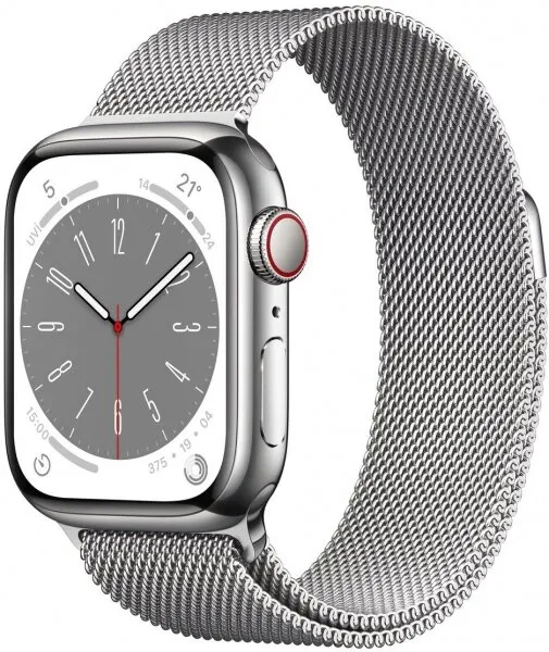 Apple Watch Series 8 Cellular 41mm Gümüş Rengi Paslanmaz çelik Kasa Gümüş Milano Kordon (MNJ83TU/A) Akıllı Saat