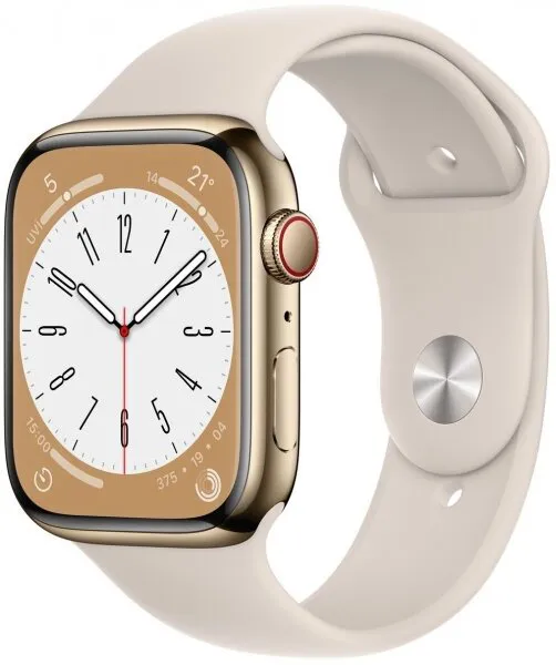 Apple Watch Series 8 Cellular 45mm Altın Rengi Paslanmaz çelik Kasa Yıldız Işığı Spor Kordon (MNKM3TU/A) Akıllı Saat