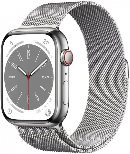 Apple Watch Series 8 Cellular 45mm Gümüş Rengi Paslanmaz çelik Kasa Gümüş Milano Kordon (MNKJ3TU/A) Akıllı Saat