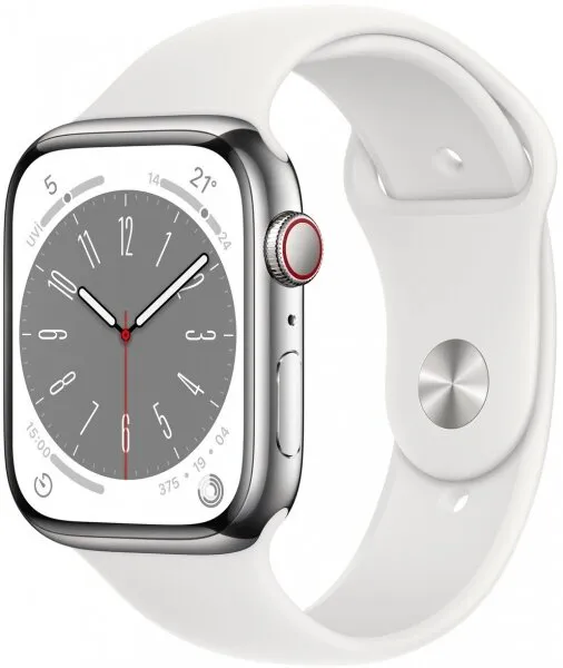 Apple Watch Series 8 Cellular 45mm Gümüş Rengi Paslanmaz çelik Kasa ve Beyaz Spor Kordon (MNKE3TU/A) Akıllı Saat