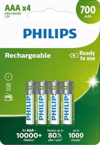 Philips Rechargeable AAA 700 mAh 4'lü (R03B4A70/10) İnce Kalem Pil